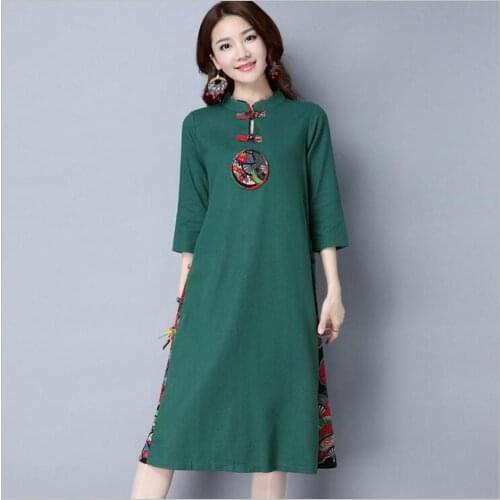 National Style Retro Printed Cotton Linen Dress Chinese Style Improved Seven-quarter Sleeves Mid-length Qipao Dress