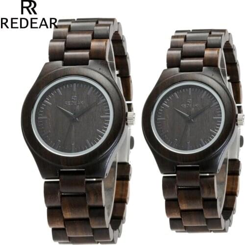 REDEAR Handmade Black Sandalwood Watches Lovers Watches Cool Nature Wood Quartz Automatic Watch in Gift Box