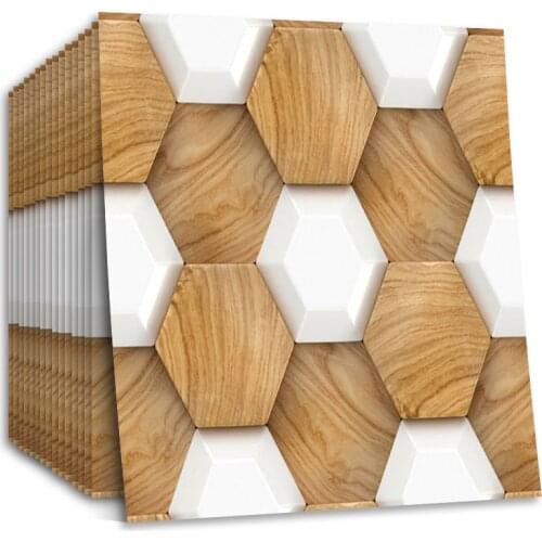 Self Adhesive Wallpaper Waterproof Hexagon Shape Wood Grain Pattern Wall Floor Stickers for Kitchen Living Room Wall Paper 3D