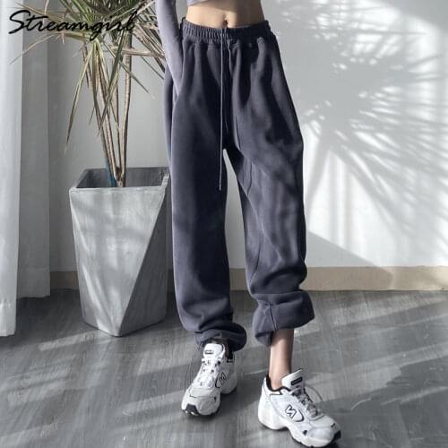 Autumn Winter Fleece Pants Women Warm Loose Gray Sweatpants For Women 2021 Thick Velvet Pants Wide Woman With Elastic Band