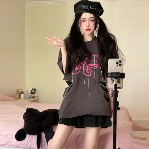 Lady Hollow Out Harajuku Street T-shirt Dark Gray Punk Girl Y2k Gothic T Shirt Zipper Butterfly Print Crystle Chain Tassel Tops