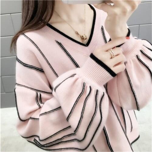 Autumn Winter 2020 New Knitted Pullover Sweater Women Loose Wild Fashion V Neck Lantern Sleeve Striped Patch Pull Female Tops