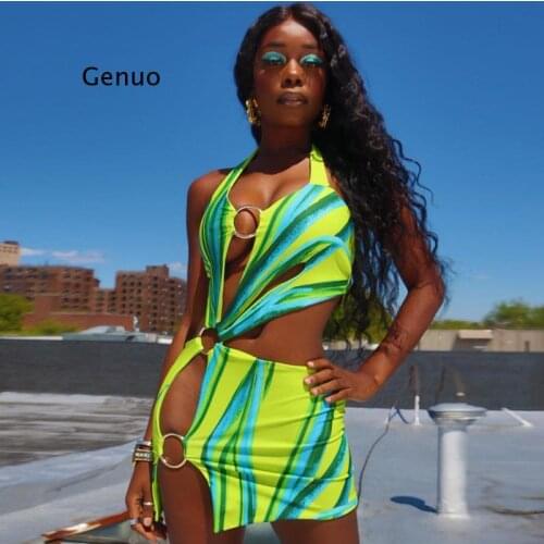 Sleeveless Patchwork Hollow Out Asymmetric Sexy Dress Summer Women Fashion Streetwear Club Outfits