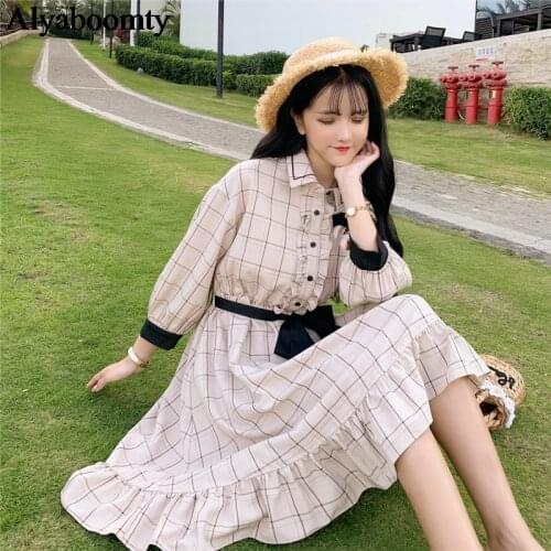 Japanese Lolita Style Spring Autumn Women Dress Turn-Down Collar Plaid Loose Sashes Dress 3/4 Sleeve Ruffles Elegant Party Dress