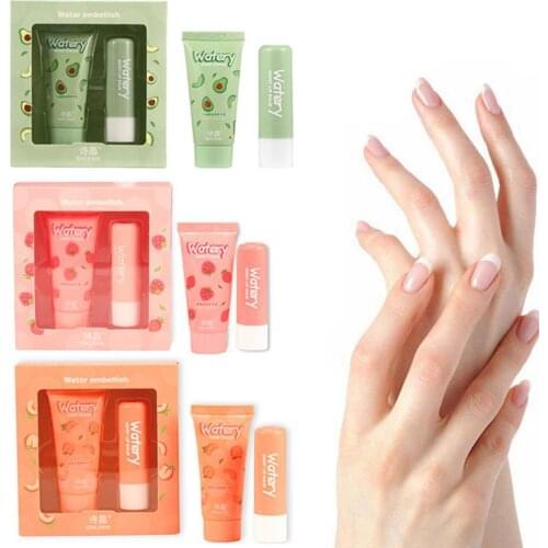 2PCS Avocado Hand Cream Lip Balm Strawberry Peach Plant Moisturizer Set Anti Drying Anti Cracked Hand Lotion Hand Lip Skin Care