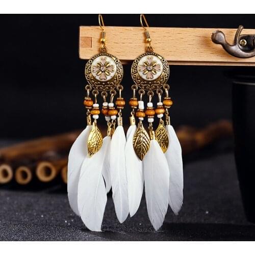 Bohemian Round Oil Painting Long Fringed Earrings Female Feather Earrings European and American Earrings