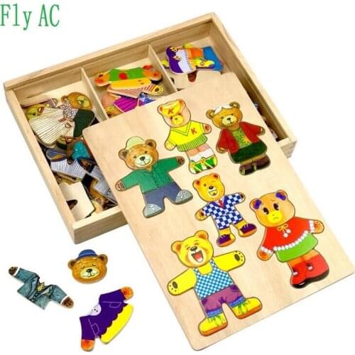 Fly AC Wooden Jigsaw Puzzle Bear Family Dress up Toys for Preschool Toddlers Kids Development Practice and Senses Toys gifts
