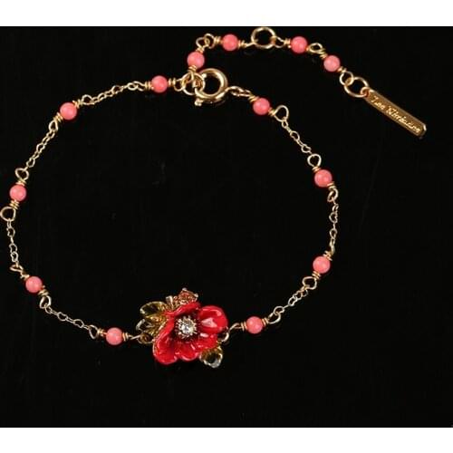 European and American Temperament Net Red Bride Red Peony Bracelet Enamel Color Glaze Flower Green Leaf Simple Ins Gift Female