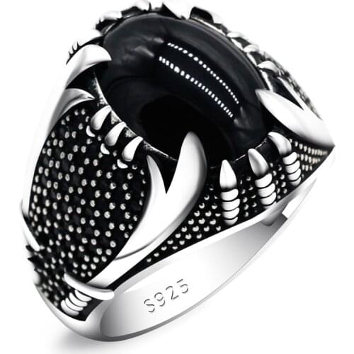925 Sterling Silver Islamic Men Ring with Black Agate Zulfiqar Sword Male Ring Black Zircon Turkish Muslim Religion Jewelry Gift