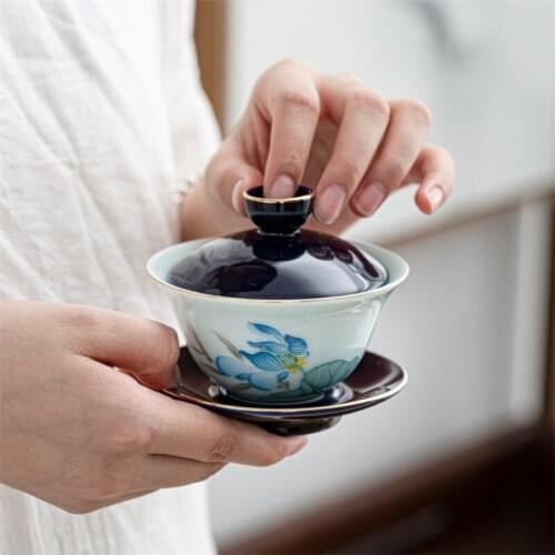 Ceramic Tea Bowl with Lid and Saucer Celadon Tea Set Creative Porcelain Tea Maker Household Hand-painted Lotus Gaiwan Drinkware