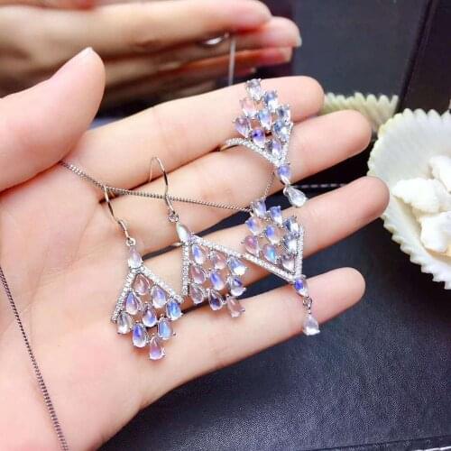 Real Natural Moonstone jewelry set Natural Real Moonstone 925 sterling silver 1pc pendant,1pc ring,2pcs Earring