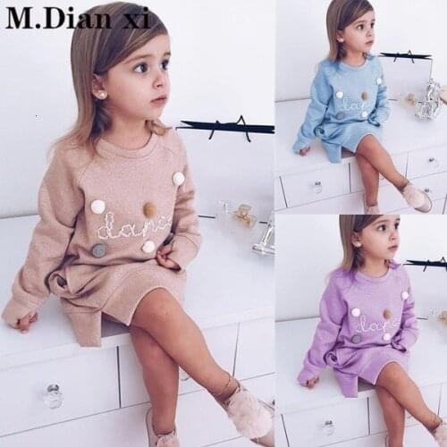 Toddler Baby Girls 2019 New Spring Girls Dress Long-sleeved Letter Ball Sweater Dress Girls Spring and Autumn Long T-shirt