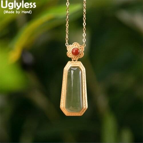 Uglyless Simple Fashion Blank Gemstones Jade Necklaces for Women Long Square Rectangle Pendants +Chain 925 Silver Floral Jewelry