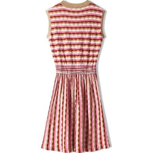 Summer Striped Dress Women O-Neck Sleeveless Sweater Pleated Luxury Dress Elegant A Line knitting Cotton Jumper Dresses Lady