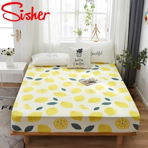Modern Cartoon Mattress Cover Flower Fruit Printed Fitted Bed Sheet Linen Bedspread Bedsheet with Elastic Band (No Pillowcase)