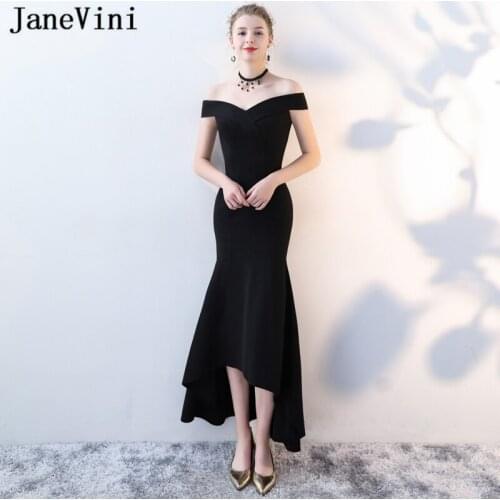 JaneVini Simple Mother of The Bride Dresses Mermaid Off The Shoulder Zipper Back Black High Low Evening Gowns Bestidos D Noiva