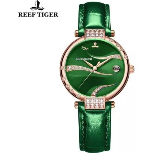 Reef Tiger/RT Designer Diamond Luxury Women Rose Gold Watch Green Dial Waterproof Leather Strap Automatic Mechanical Watches