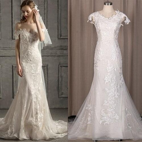 Romantic Lace Mermaid Wedding Dress Cap Sleeves Off The Shoulder 2021 Backless Buttons With Train Bridal Gown Custom Made 3417