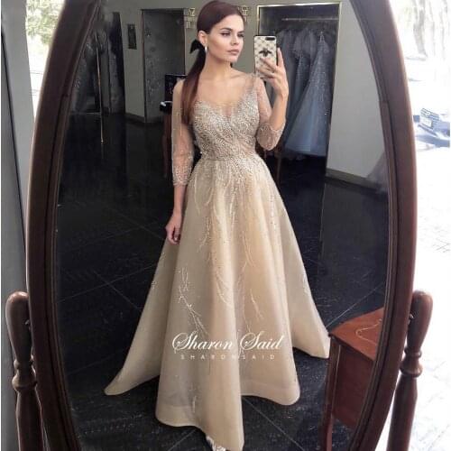 Luxury Champagne Gold Dubai Evening Dresses Long Sleeve 2021 Elegant Muslim Women Formal Dress For Wedding Party Night Gowns