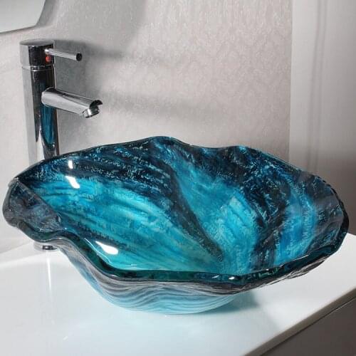 BATHROOM GLASS BASIN SINK BLUE WITH BLACK CLOAKROOM COUNTER FLUTED WAVE PATEL FLOWER BOWL
