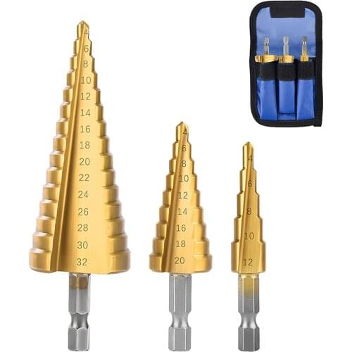 3pcs Step Drill HSS Steel Cone Drill Durable Titanium Coated Metal Drill Bit 4-12/20/32mm Drilling Power Tools