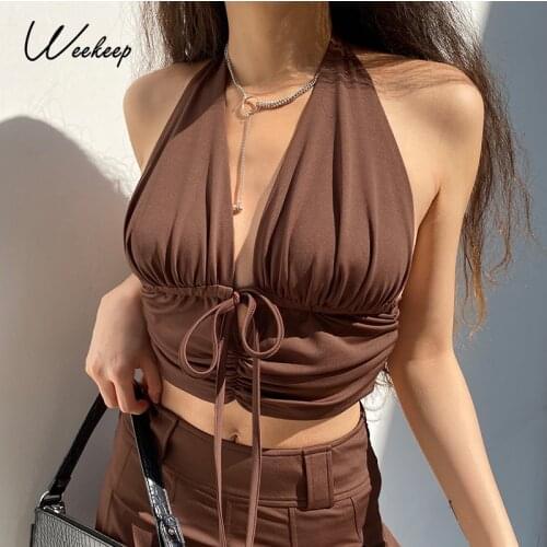 Weekeep Sexy V Neck Bandage Tie Up Ruched Crop Top Sleeveless Tank Tops Womens Halter Backless Brown Camis Vintage Party Outfits