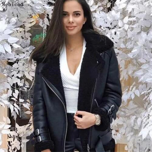Winter Bomber Jacket Women New Lamb Fur Motorcycle Overcoats Fashion Solid Outerwear Women Leather Jacket Winter Coats