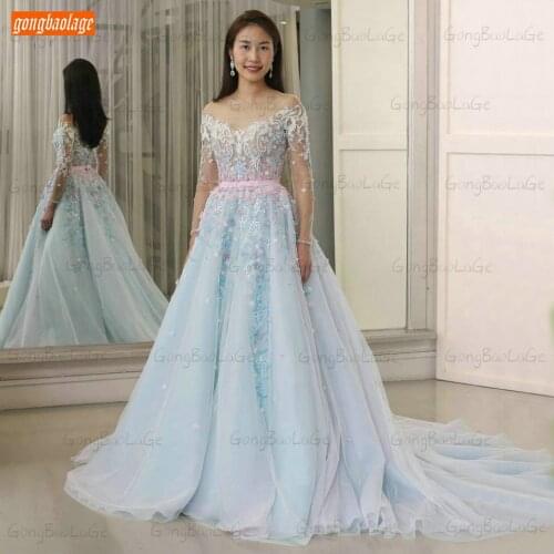 BOHO Sky Blue Prom Dresses Long Sleeves For Women Vestidos De Gala 2021 Lace Appliques Beaded Ball Gown Party Dress Robes De Bal