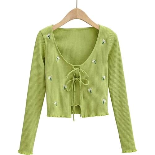 Spring and Autumn New Street Fashion Round Neck Long Sleeve Short Embroidery Knitting Cardigan tight sling suit women