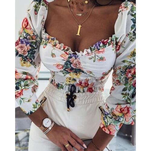 Womens Crop Top Elegant Long Puff Sleeve Square Neck Ruffle Trim Floral Print T-Shirt Summer Corset Streetwear
