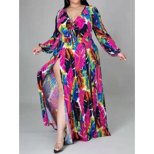 Sexy V-neck Plus Size Dress 4xl 5xl Women Flower Printed Long Maxi Split Beach Holiday Bohemian Elegant Dresses Club Outfits
