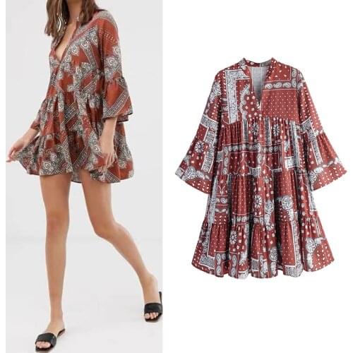 Women dress za 2020 ruffles geometric print dress three quater sleeve chic vintage V neck dresses female elegant mini vestidos
