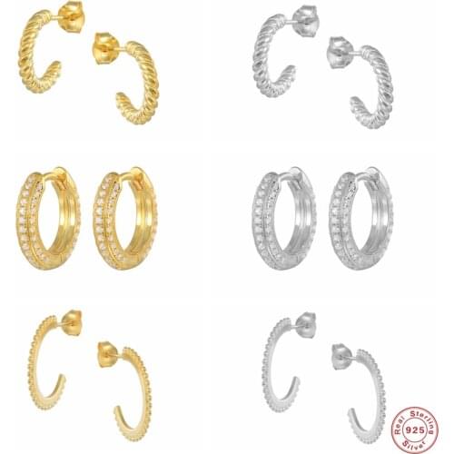 Aide 925 Sterling Silver Gold Pave Zircon Hoop Earrings For Women Luxury Twisted Big Half Circle Beads Huggie Earrings Jewelry