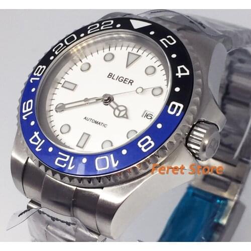 BLIGER new 44MM white Dial blue Ceramic Bezel Mechanical luxury Luminous Watch stainless MIYOTA Automatic Movement Mens Watch