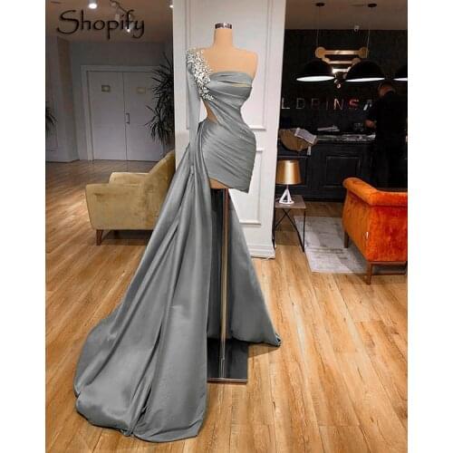 Long Grey Evening Dress 2021 Single Long Sleeve Short Front Long Back African Women Formal Evening Party Gowns