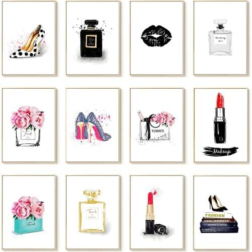 High Heels Perfume Lipstick Peony Wall Spray Painting Print Oil Painting Canvas Poster Living room Bedroom fashion shop