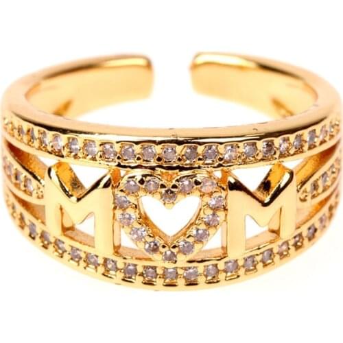 EYIKA Luxury Love Mom Mama Gold Color Open Ring for Women Shiny Zircon Heart Anillo Female Jewelry Mothers Day Birthday Gift