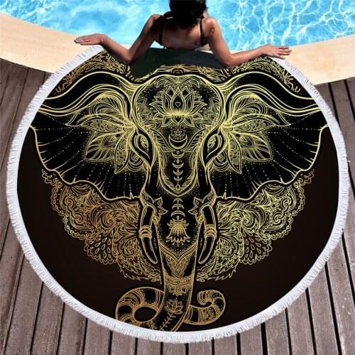 Bohemian Elephant Round Beach Towel Boho Indian Tassel Tapestry Floral Yoga Mat Lotus Flower Toalla Blanket 150cm