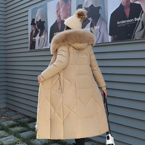 Women Winter Coat 2021 Long Sleeve White Duck Down Pocket Zipper Jacket Long Hooded Fur Collar Loose Female Outwear Ultra Light