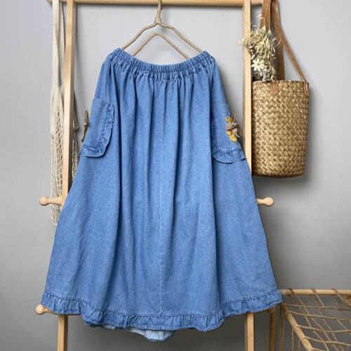 Summer Women Ruffle Skirt Japan Style Mori Girl Fresh Elastic Waist Loose Denim Skirt Women