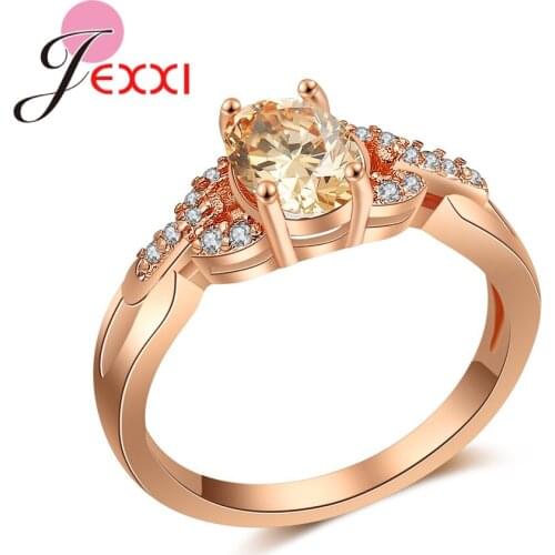 Fashion Concise Classical Champagne CZ Crystal Micro Paved Women Wedding Ring Rose Gold Color Austrian Crystals Wholesale
