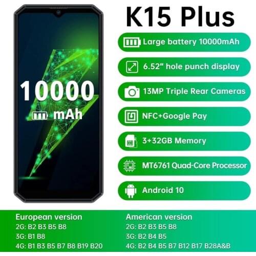 OUKITEL K15 Plus Smartphone 3GB 32GB Android 10.0 Quad Core Mobile Phone 10000mAh Big Battery Screen 6.52'' 13MP NFC Cell Phone