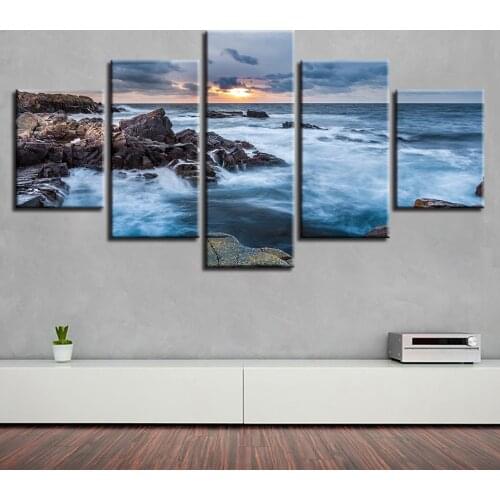Landscape Sea Beach Ocean Sunrise Lighthouse Tropical 5 Piece Wall Pictures For Living Room Color Painting Art Home Decor