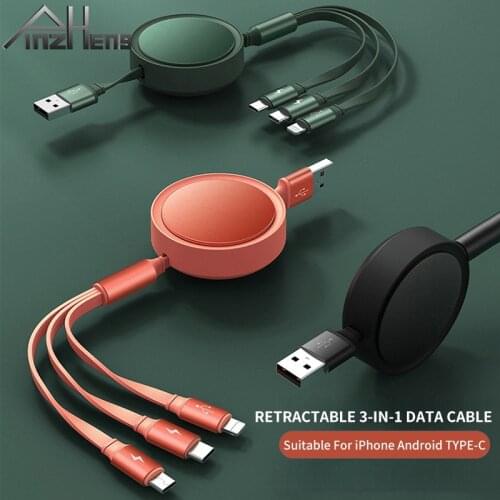 PINZHENG 120cm 3 In 1 USB Charge Cable For iPhone 12 Micro USB Type C Cable Retractable Portable Charging Cable For Samsung S9