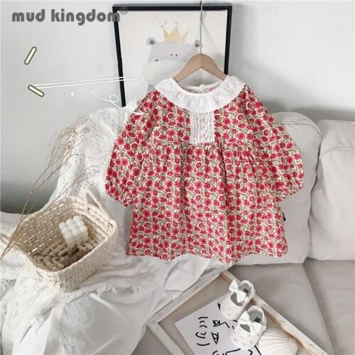 Mudkingdom Girl Princess Dress Print Crew Neck Long Puff Sleeve Lace Floral Dresses Drop Shoulder Kids Clothes for Spring Autumn