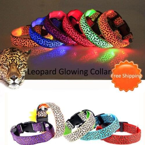 Adjustable Pet Cat Dog Glow LED Flashing Safety Collar Light Up Luminous LED Nylon Neck Strap Leopard Dog Collars 100pcs/Lot