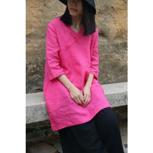 Women Ramie Summer Solid Color V neck Handmade Button Shirt Tops Blouse Female Vintage Retro Tops Shirt 2018