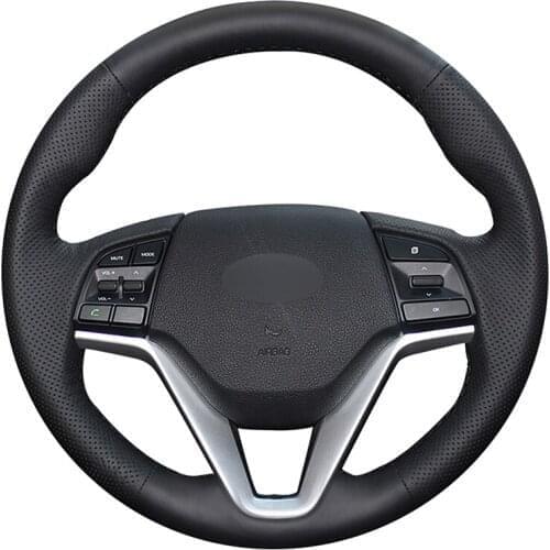 Hand-stitched Black Artificial Leather Car Steering Wheel Cover for Hyundai Tucson 3 2015 2016 2017 2018 2019 2020