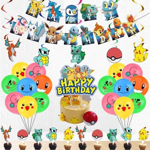 Pikachu Theme Children Birthday Party Decoration Pokemon Go Gx Figures Banners Latex Balloons Cake Insert Card Sling Supplies