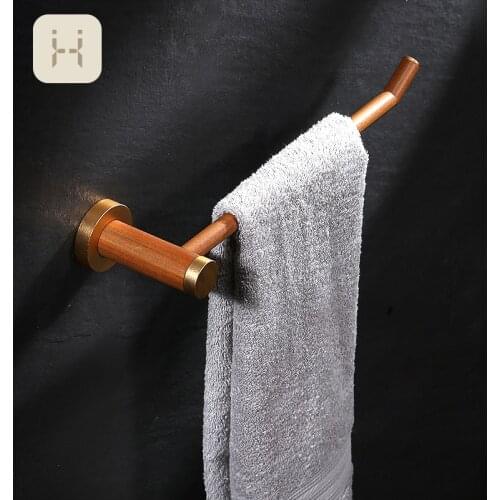 Bathroom Wooden Towel Bar Wall Mounted Washroom Towel Hanging Holder Metal Toilet Single Facecloth Rack Bathroom Appliances